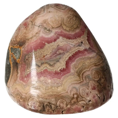 Polished Rhodochrosite gemstone with vibrant pink hues and delicate banding, known for love and compassion, from Sylvia Crystals.