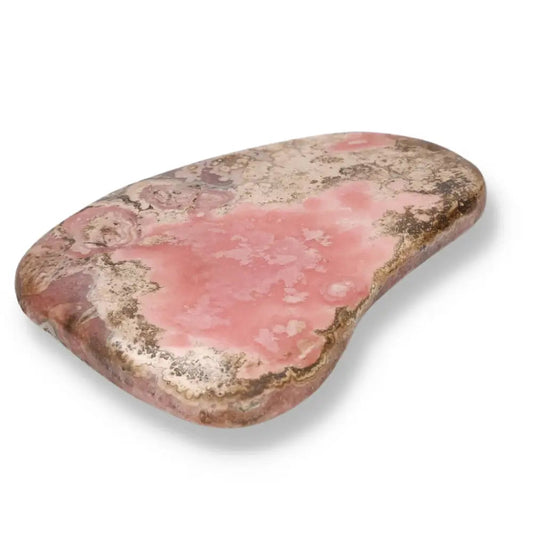 Polished Rhodochrosite gemstone with vibrant pink hues and distinct banding, ethically sourced from Sylvia Crystals.