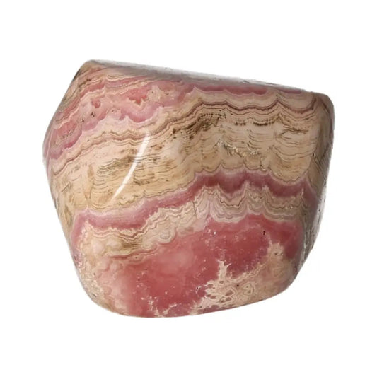 Polished Rhodochrosite gemstone with pink hues and unique banding from Sylvia Crystals, symbolizing love and compassion.