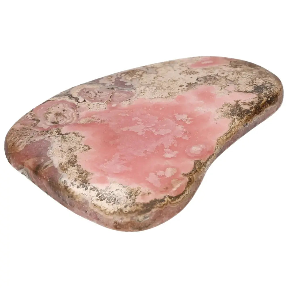 Polished Rhodochrosite gemstone with vibrant pink hues and unique banding, symbolizing love and compassion from Sylvia Crystals.