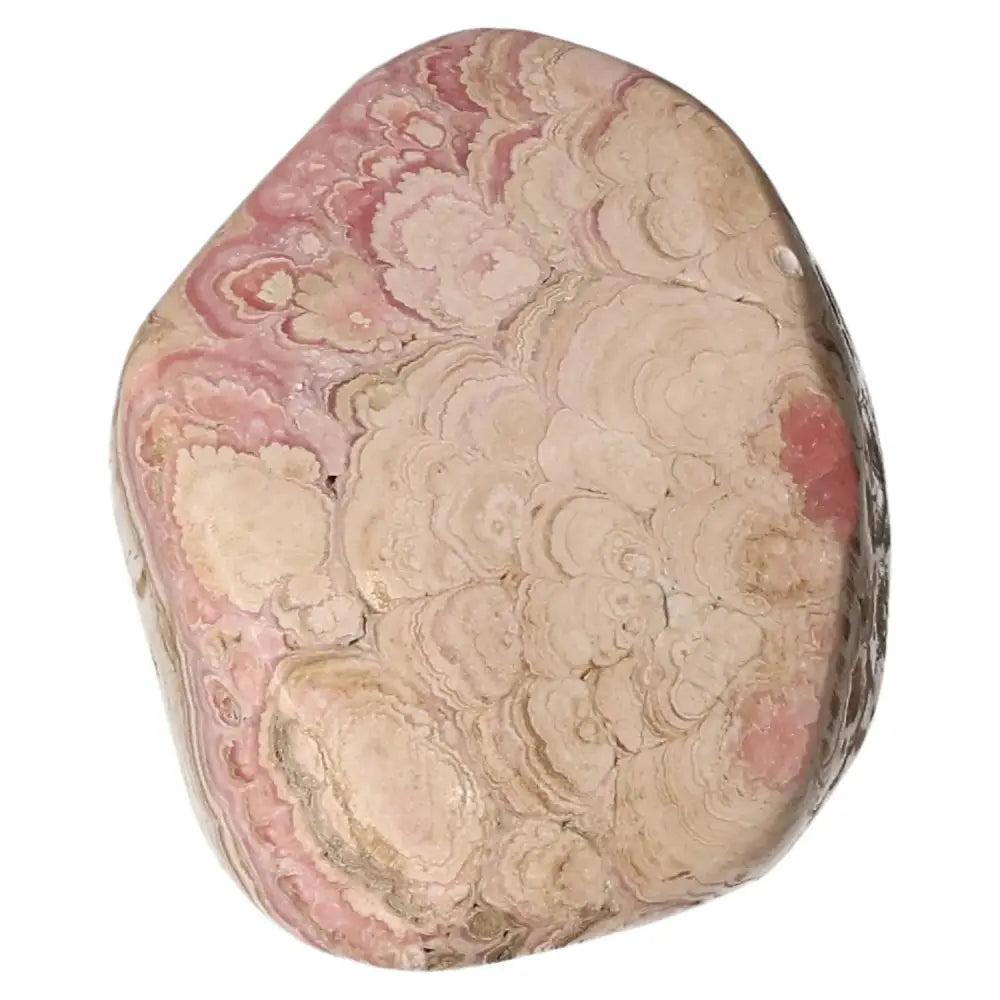 Polished Rhodochrosite gemstone with pink hues and unique banding, sourced by Sylvia Crystals for its beauty and emotional energy.