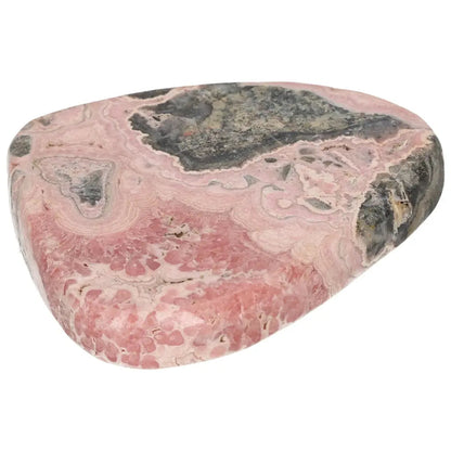 Polished Rhodochrosite gemstone showcasing vibrant pink hues and delicate banding, offered by Sylvia Crystals for premium quality.