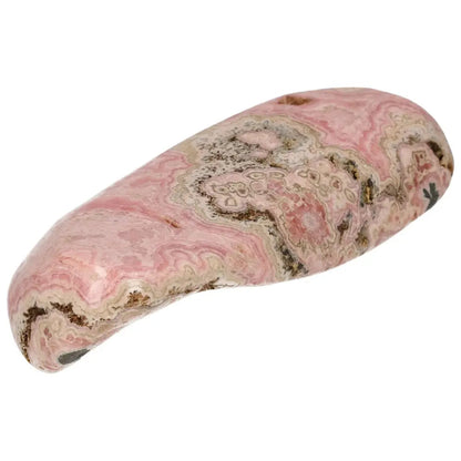 Polished Rhodochrosite stone, vibrant pink with unique banding, from Sylvia Crystals. Known as the Stone of Love & Compassion.
