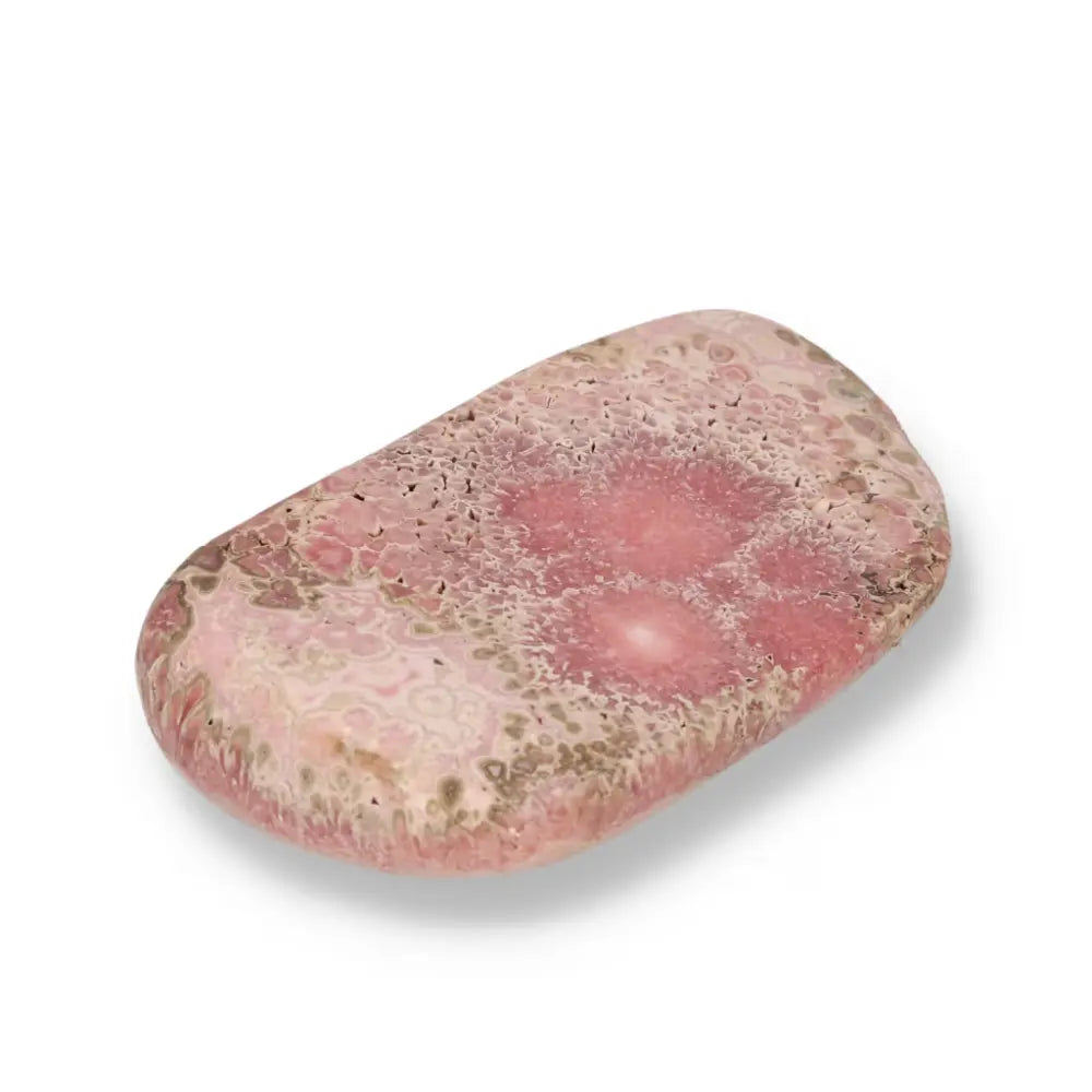 Polished Rhodochrosite gemstone with vibrant pink hues and delicate banding from Sylvia Crystals, known for love and compassion properties.