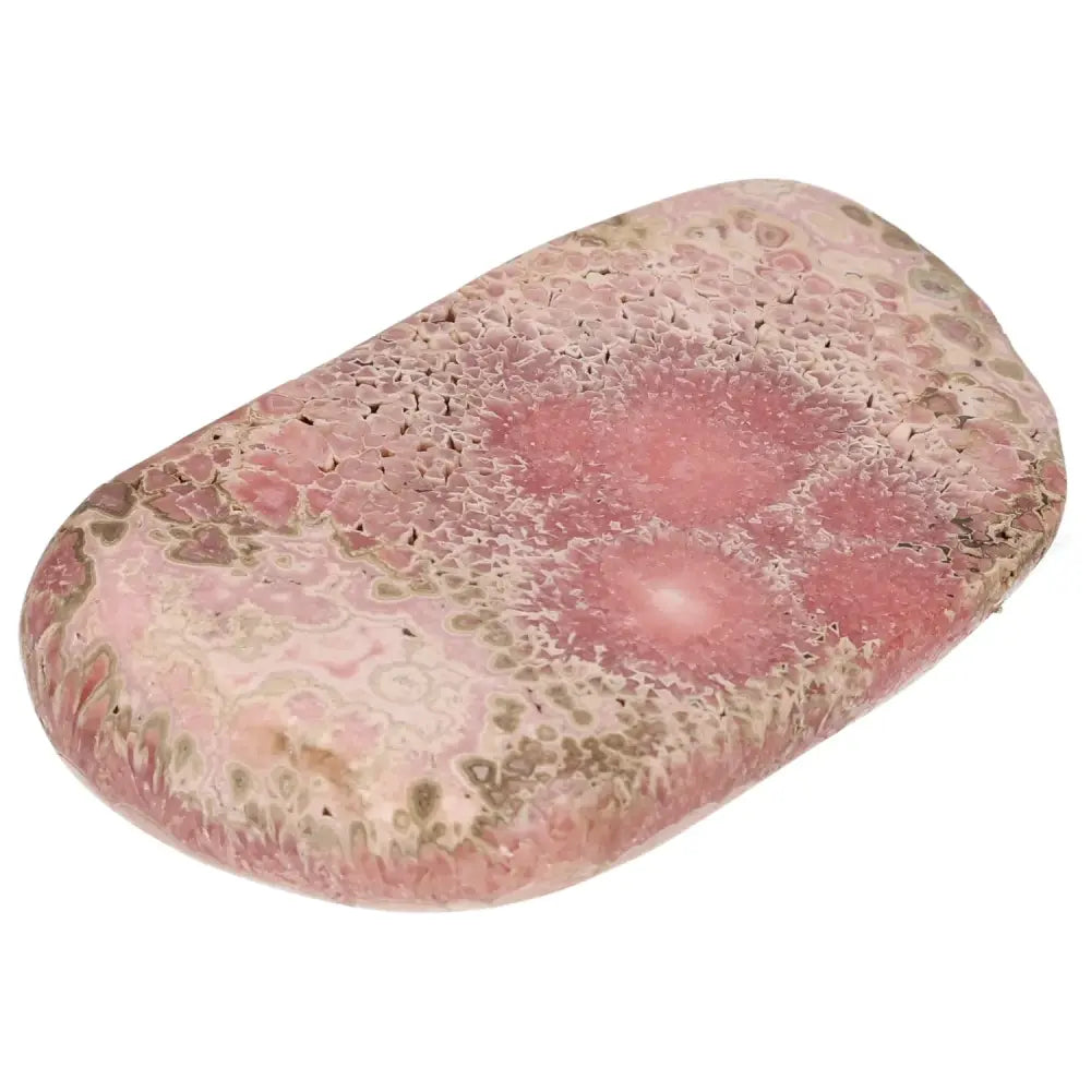 Polished Rhodochrosite gemstone with vibrant pink hues and intricate banding, from Sylvia Crystals. Stone of love and compassion.