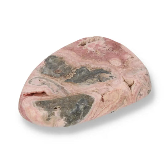 Polished Rhodochrosite gemstone with vibrant pink hues and delicate banding from Sylvia Crystals, ethically sourced and handpicked.