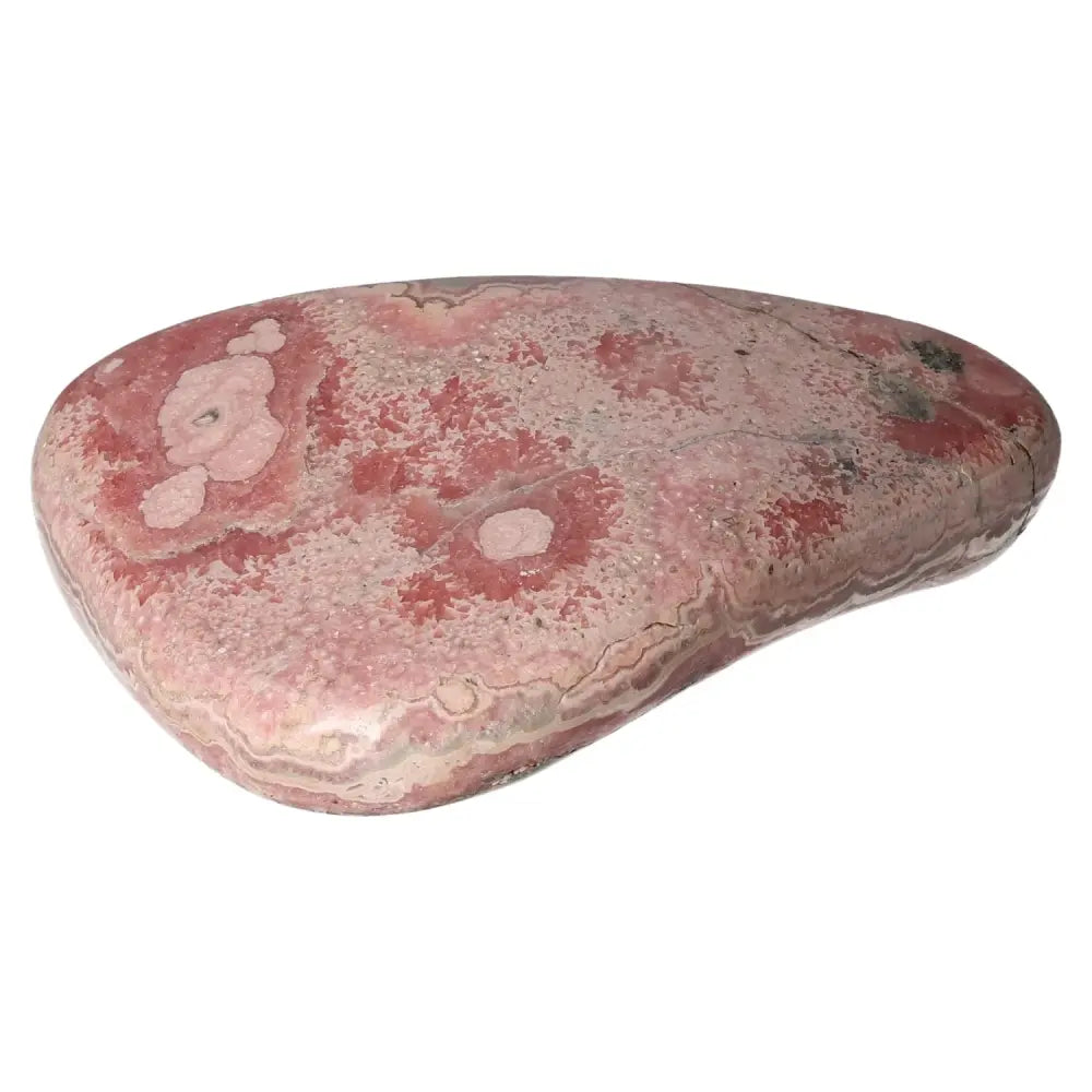 Polished Rhodochrosite gemstone with pink hues and banding, from Sylvia Crystals, enhancing luxury and emotional healing.