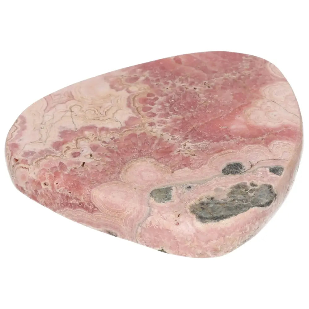 Polished Rhodochrosite crystal with pink hues and intricate banding, known as the Stone of Love and Compassion, from Sylvia Crystals.