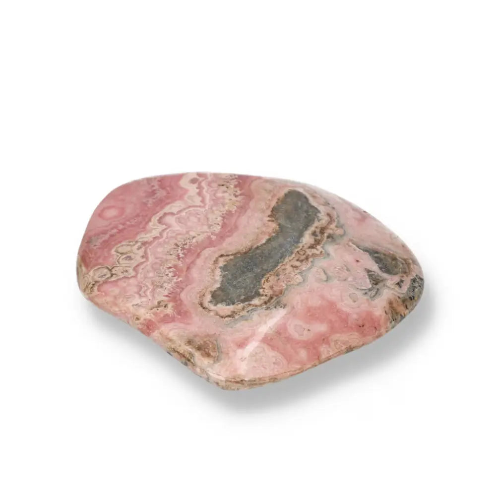 Polished Rhodochrosite with vibrant pink tones and unique banding from Sylvia Crystals, known for love and compassion properties.