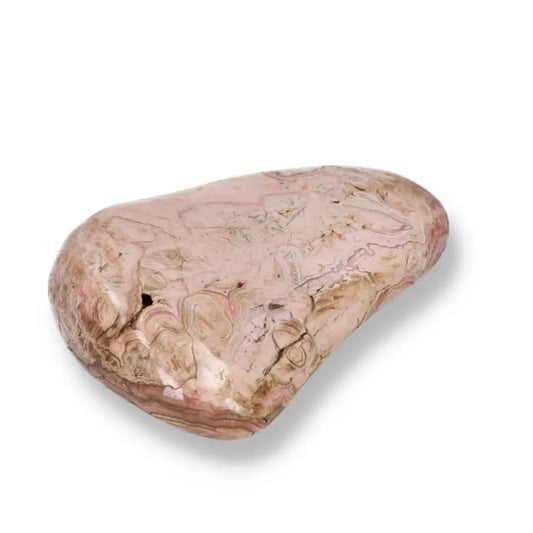 Polished Rhodochrosite gemstone with vibrant pink tones, known for promoting love and compassion, offered by Sylvia Crystals.