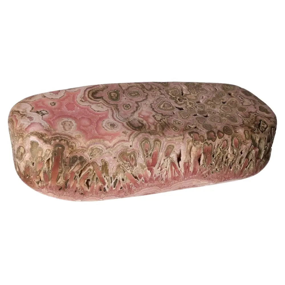 Polished Rhodochrosite from Sylvia Crystals with pink hues and intricate banding, ideal for emotional healing and self-love.