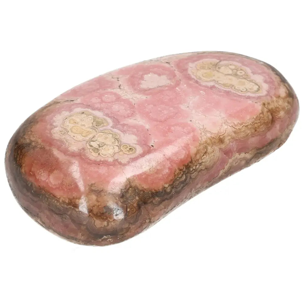 Polished Rhodochrosite gemstone with vibrant pink hues from Sylvia Crystals, known for promoting emotional healing and compassion.