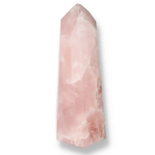 Polished Rose Quartz Obelisk by Sylvia Crystals, symbolizing strength and elegance, crafted from high-quality pink quartz for natural beauty.