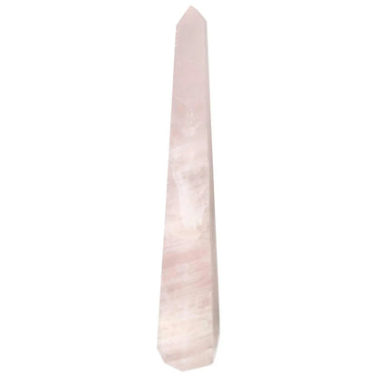 Polished rose quartz obelisk from Sylvia Crystals, embodying luxury and spiritual elegance, pink gemstone.