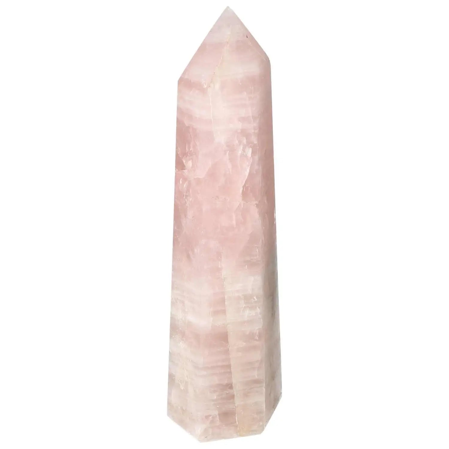 Elegant polished rose quartz obelisk from Sylvia Crystals, showcasing a soft pink hue and premium craftsmanship for decorative and metaphysical use.