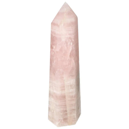 Elegant polished rose quartz obelisk from Sylvia Crystals, showcasing a soft pink hue and premium craftsmanship for decorative and metaphysical use.