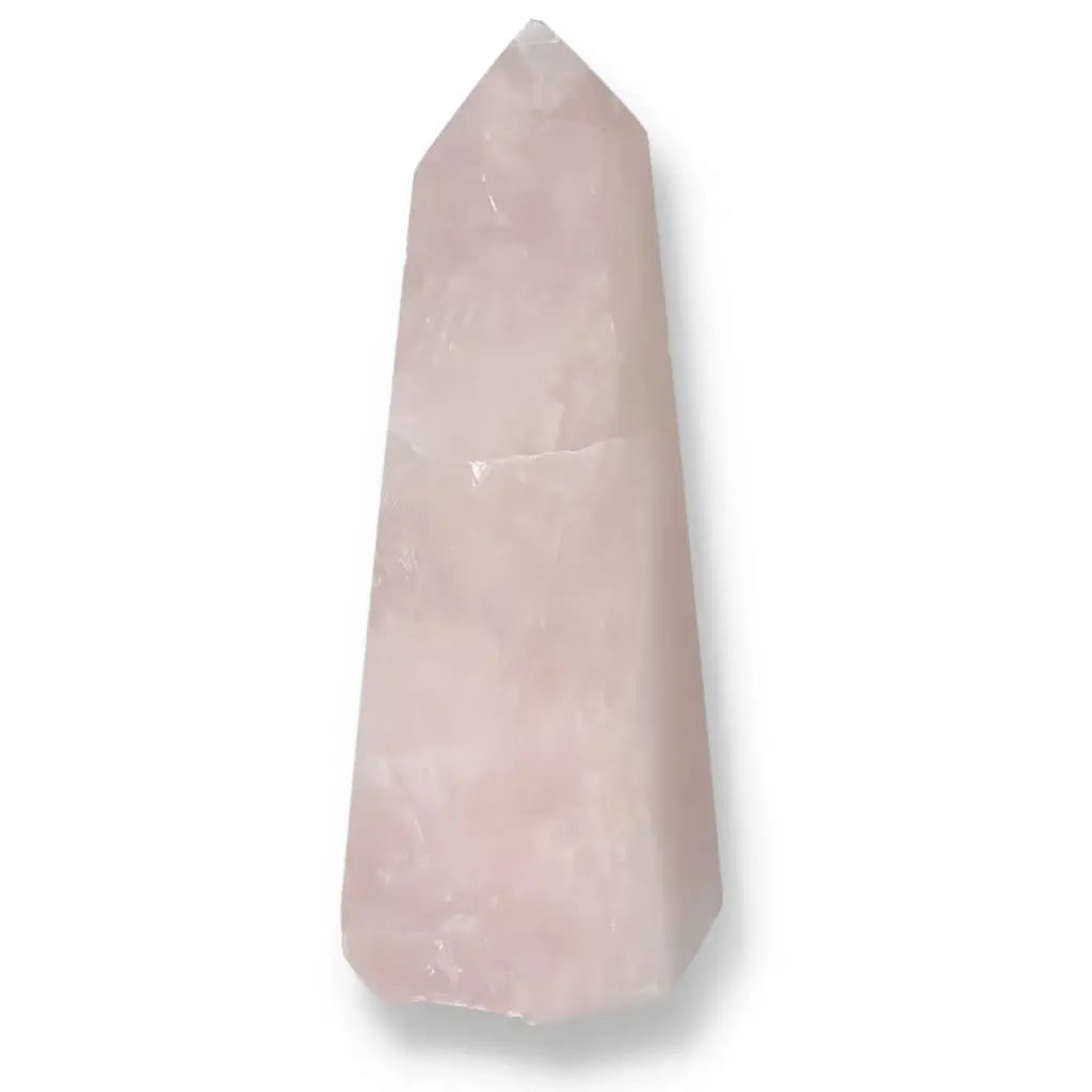Polished Rose Quartz Obelisk displaying natural beauty and elegance, from Sylvia Crystals. Ideal for spiritual well-being and luxury decor.