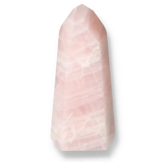 Polished Rose Quartz Obelisk from Sylvia Crystals, showcasing spiritual elegance and harmonious natural energy.