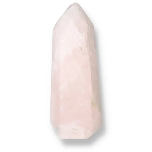 Polished Rose Quartz Obelisk by Sylvia Crystals; luxury pink quartz centerpiece promoting energy and elegance.