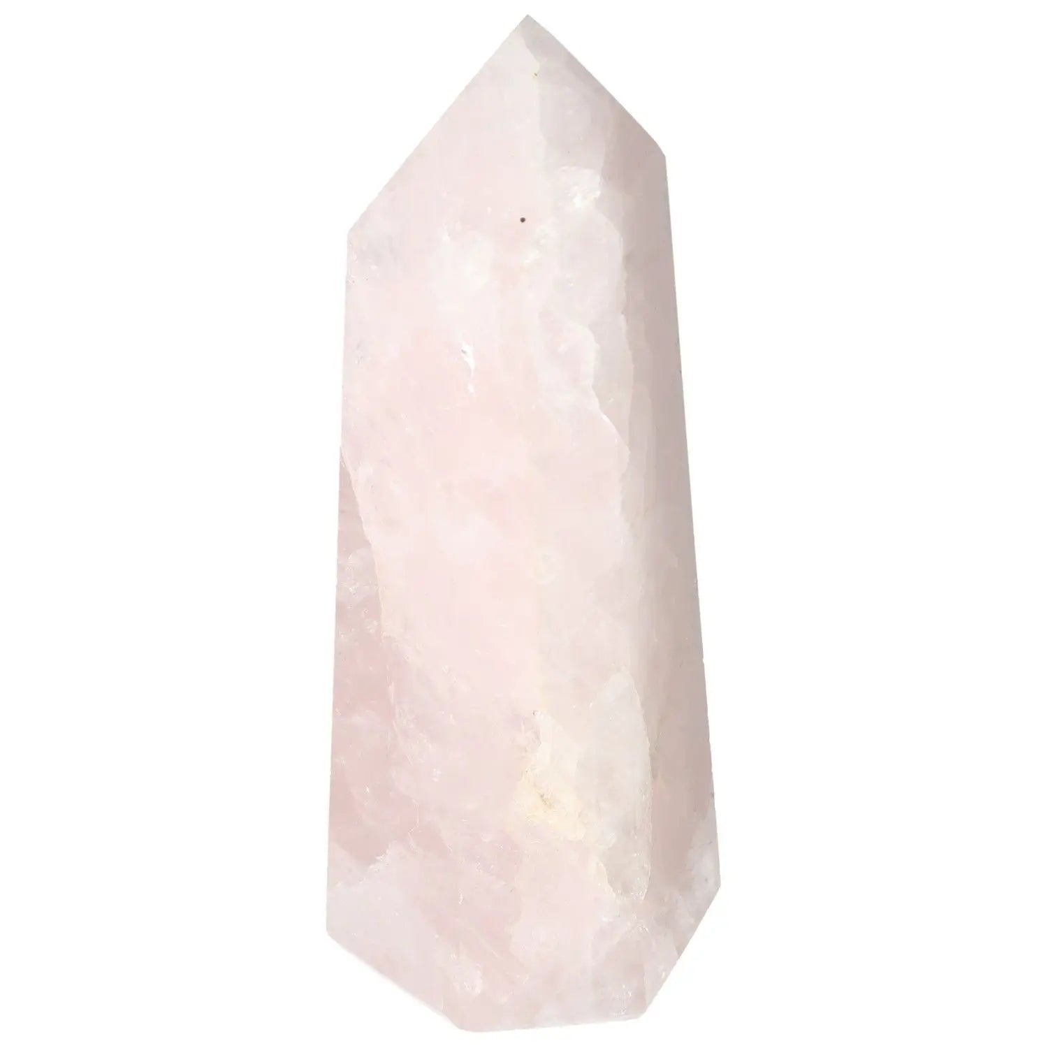 Polished Rose Quartz Obelisk, Sylvia Crystals creation, displaying soft pink hue and spiritual energy properties.