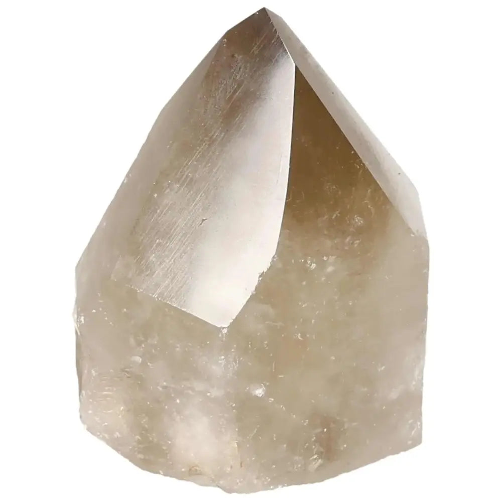 Polished smoky quartz point crystal from Sylvia Crystals, valued for grounding and spiritual protection.