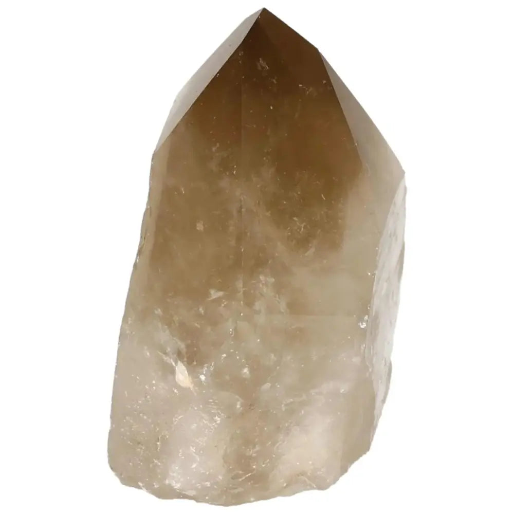Polished smoky quartz point crystal offering grounding and emotional balance from Sylvia Crystals, known for luxury and spiritual depth.