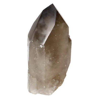Elegant polished smoky quartz point crystal from Sylvia Crystals, showcasing clear grounding aesthetic and luxury vibes.