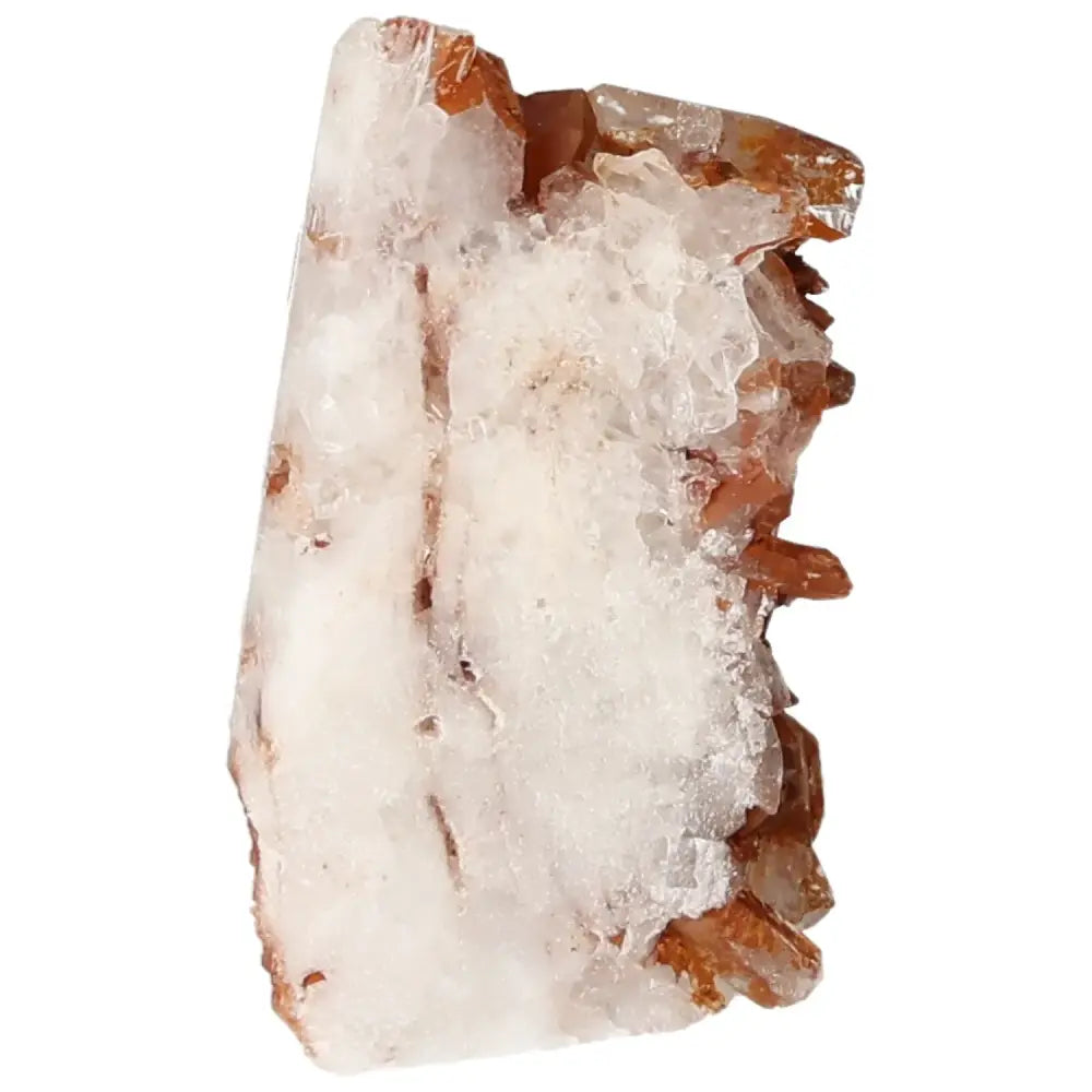 Close-up of a polished tangerine quartz point crystal from Sylvia Crystals showcasing its vibrant hue and quality.