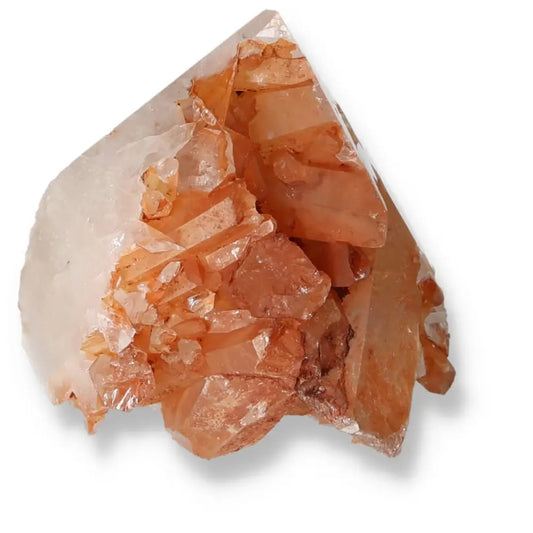Polished Tangerine Quartz Point by Sylvia Crystals, showcasing a radiant tangerine hue symbolizing luxury and spiritual depth.
