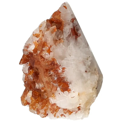 Polished Tangerine Quartz Point crystal with vibrant orange hues from Sylvia Crystals, showcasing premium quality and authenticity.