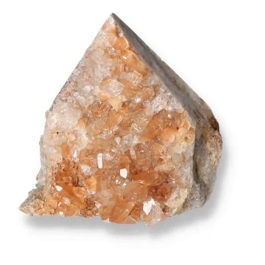 Polished Tangerine Quartz Point showcasing a vibrant tangerine hue, selected by Sylvia Crystals for luxury and sophistication.