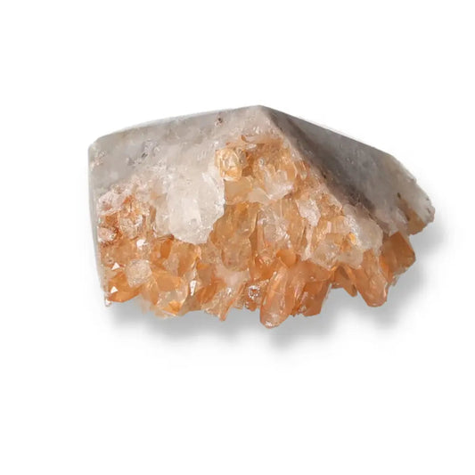 Polished tangerine quartz point displaying vibrant iron inclusions from Sylvia Crystals collection, capturing energy and transformation.