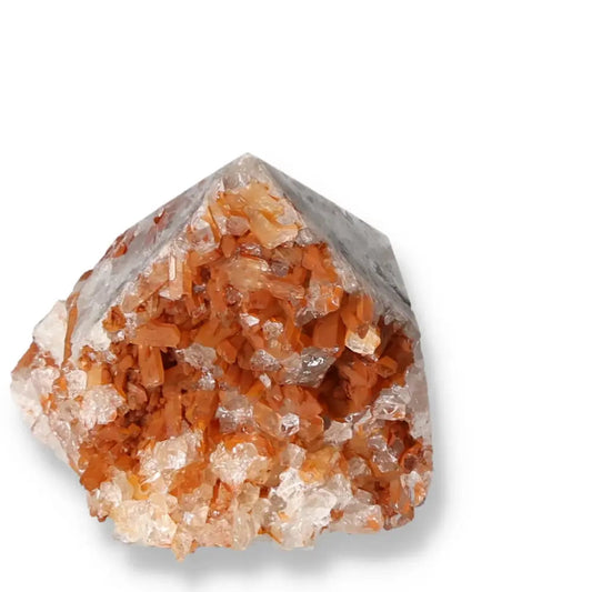 Polished Tangerine Quartz Point with vibrant iron oxide coating from Sylvia Crystals, renowned for its aesthetic appeal and spiritual significance.