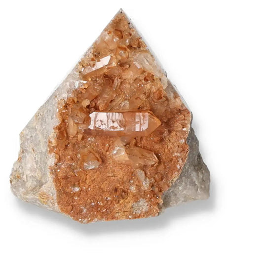 Polished Tangerine Quartz Point gemstone with vibrant hues from Sylvia Crystals, symbolizing creativity and positive transformation.