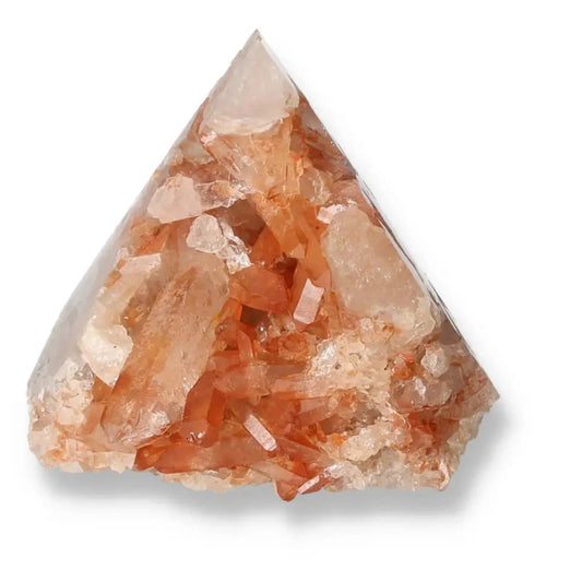 Polished Tangerine Quartz Point with vibrant hues and polished finish, Sylvia Crystals creation.