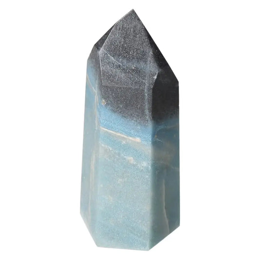 Polished Trolleite Obelisk with blue and violet hues, handpicked by Sylvia Crystals for spiritual enlightenment and luxury living.