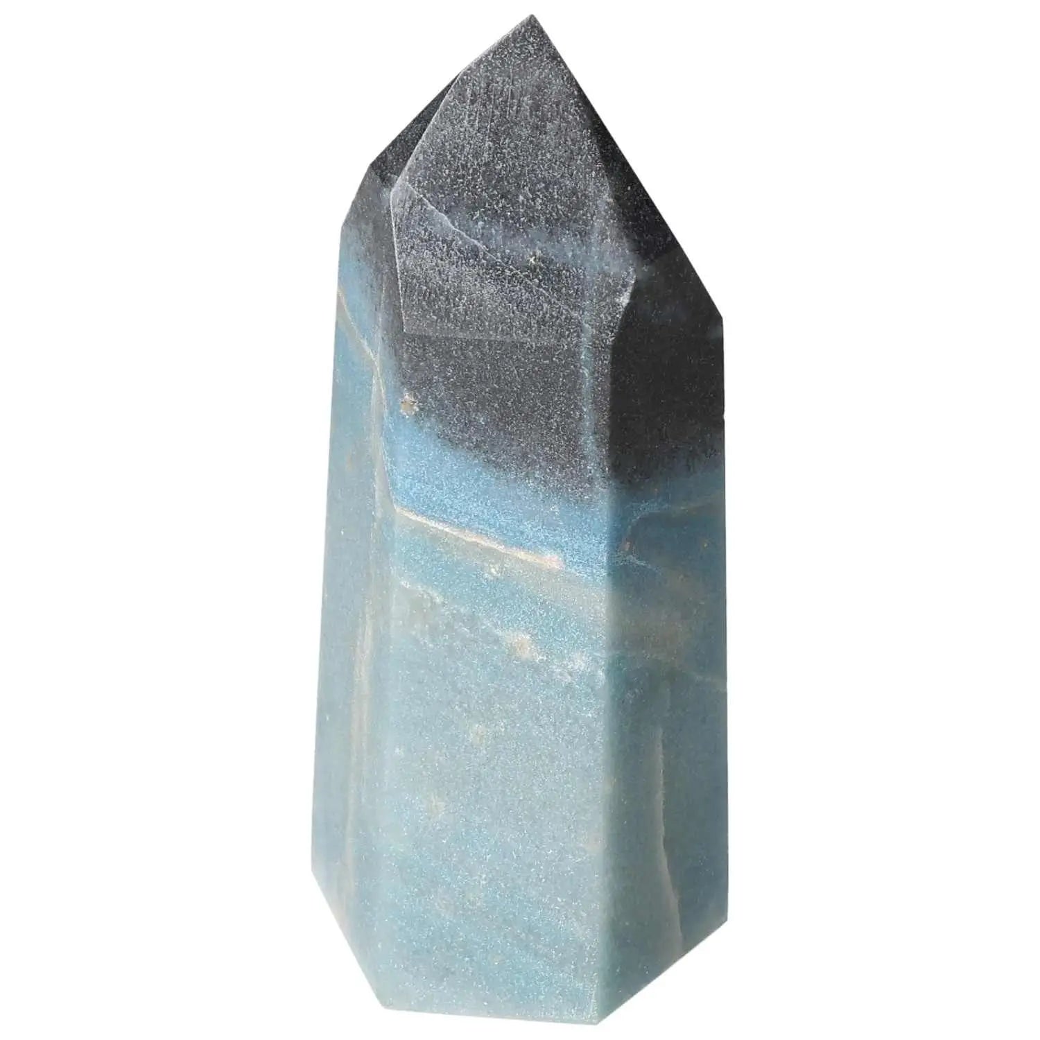 Polished Trolleite Obelisk by Sylvia Crystals with hues of blue to violet, symbolizing intuition and spiritual enlightenment.
