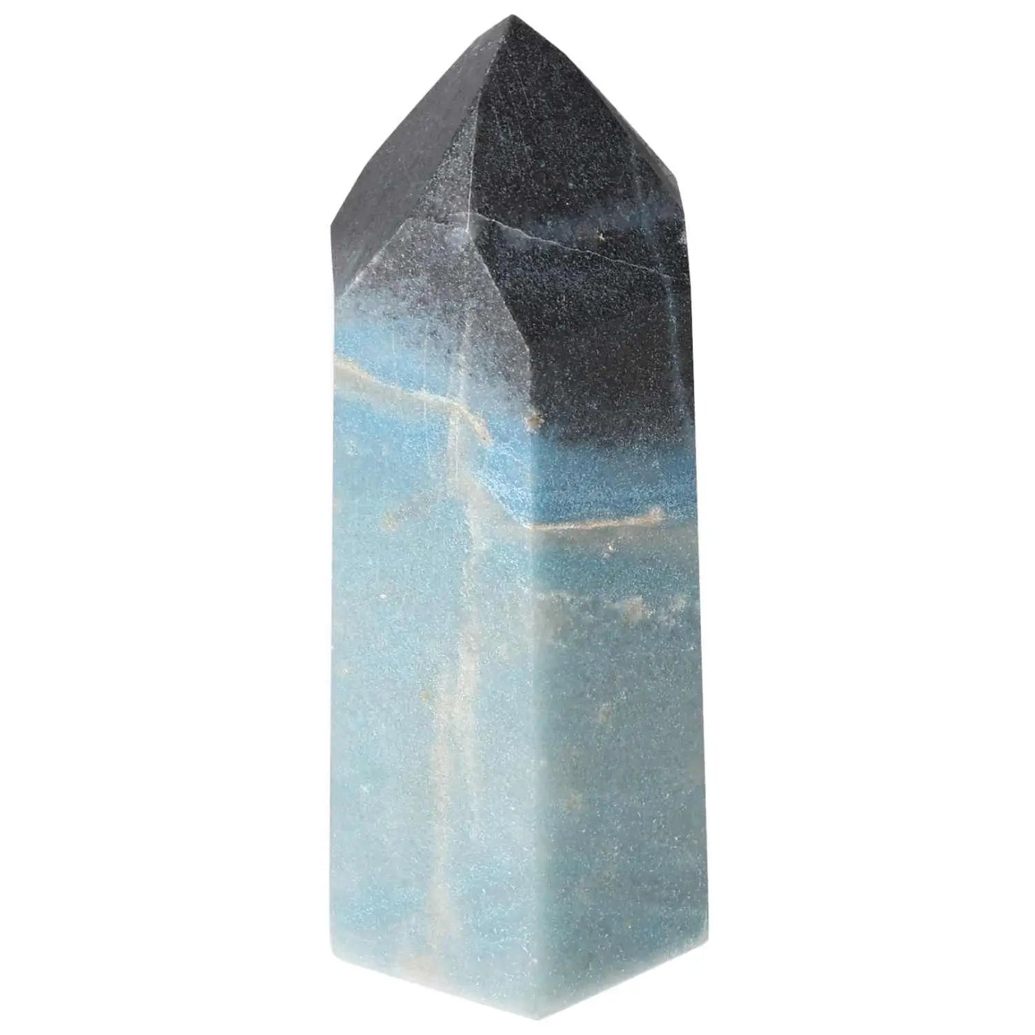 Polished Trolleite Obelisk in blue and violet hues by Sylvia Crystals, symbolizing intuition and spiritual enlightenment.