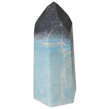 Polished Trolleite Obelisk by Sylvia Crystals featuring blue and violet hues, symbolizing deep intuition and spiritual enlightenment.