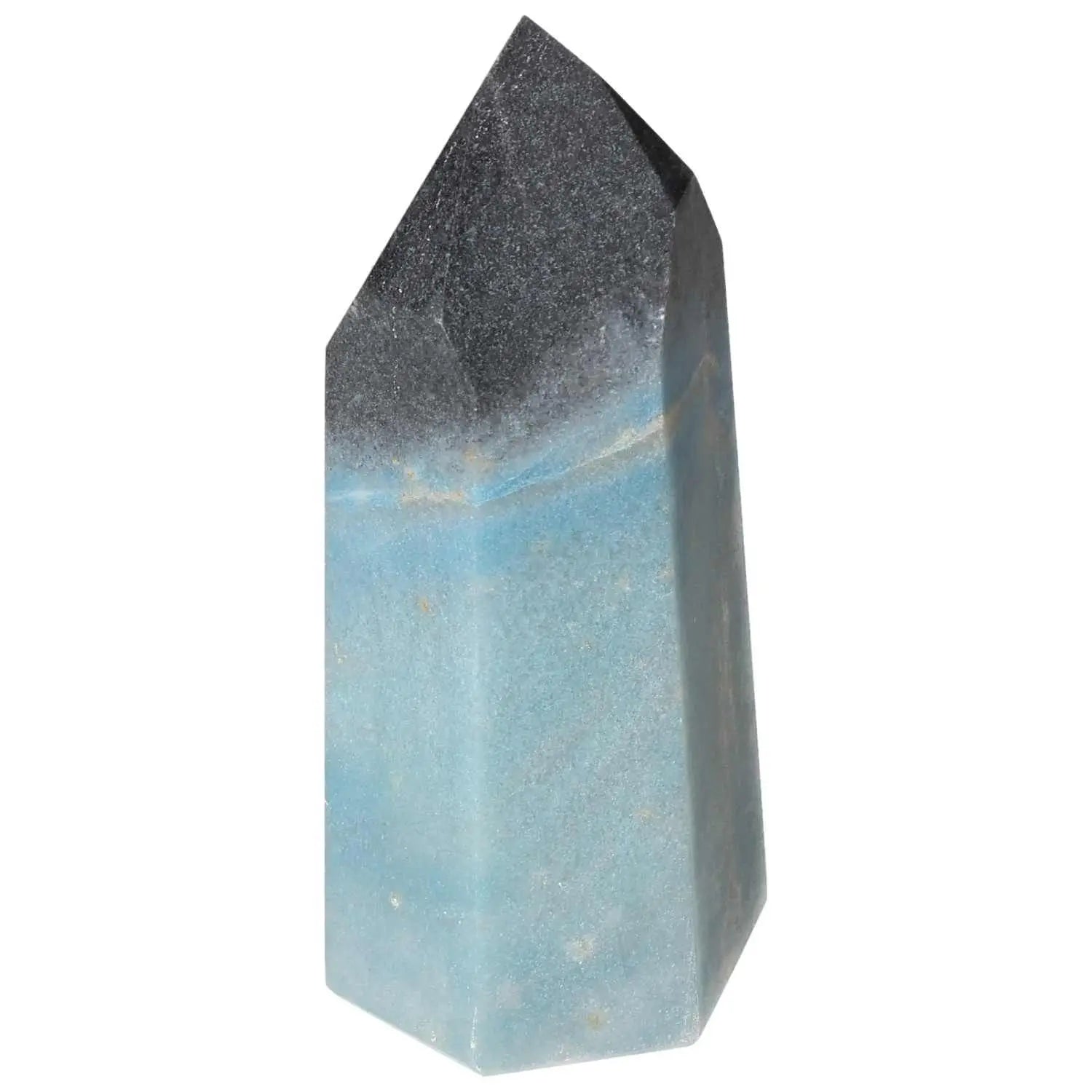Polished Trolleite Obelisk by Sylvia Crystals in hues of blue to violet, symbolizing intuition and enlightenment.