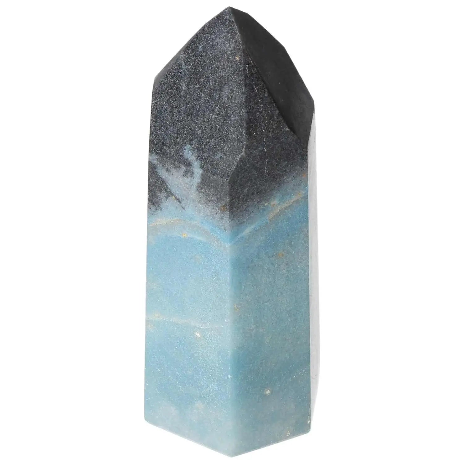 Polished Trolleite Obelisk by Sylvia Crystals in blue and violet, symbolizing intuition and spiritual enlightenment.