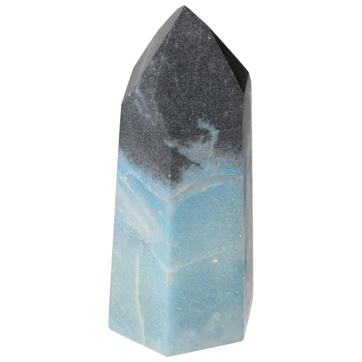 Polished Trolleite Obelisk with blue hues by Sylvia Crystals, symbolizing intuition and spiritual enlightenment.