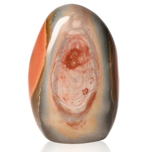 Captivating Polychrome Jasper Free Form stone with vibrant desert hues on a white background.