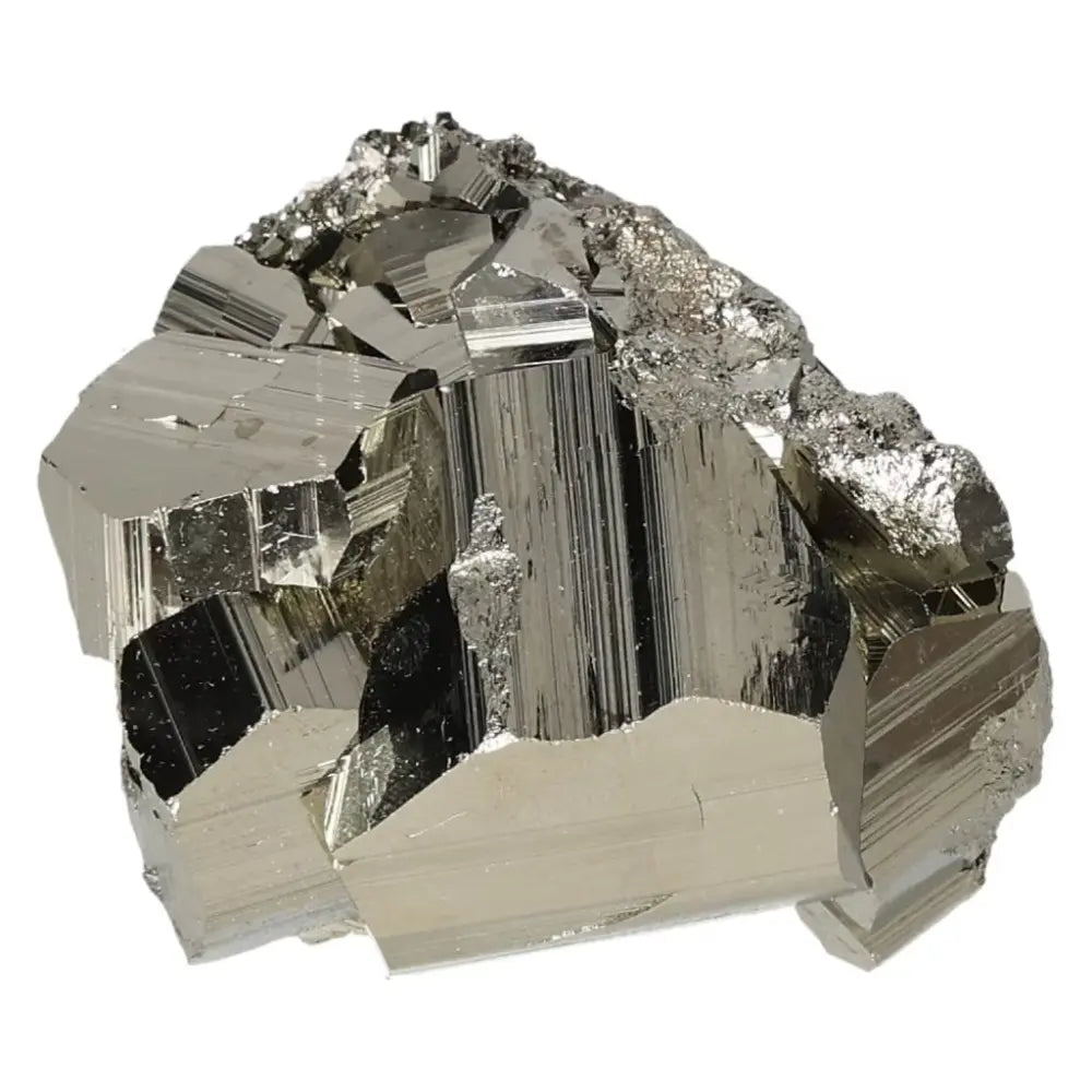 Shiny raw pyrite cube displaying its natural metallic luster, showcasing a blend of angular surfaces and reflective sparkles.