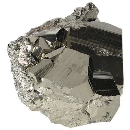 Close-up of a raw pyrite cube, showcasing its metallic luster and crystalline structure, ideal for grounding energy and decor.