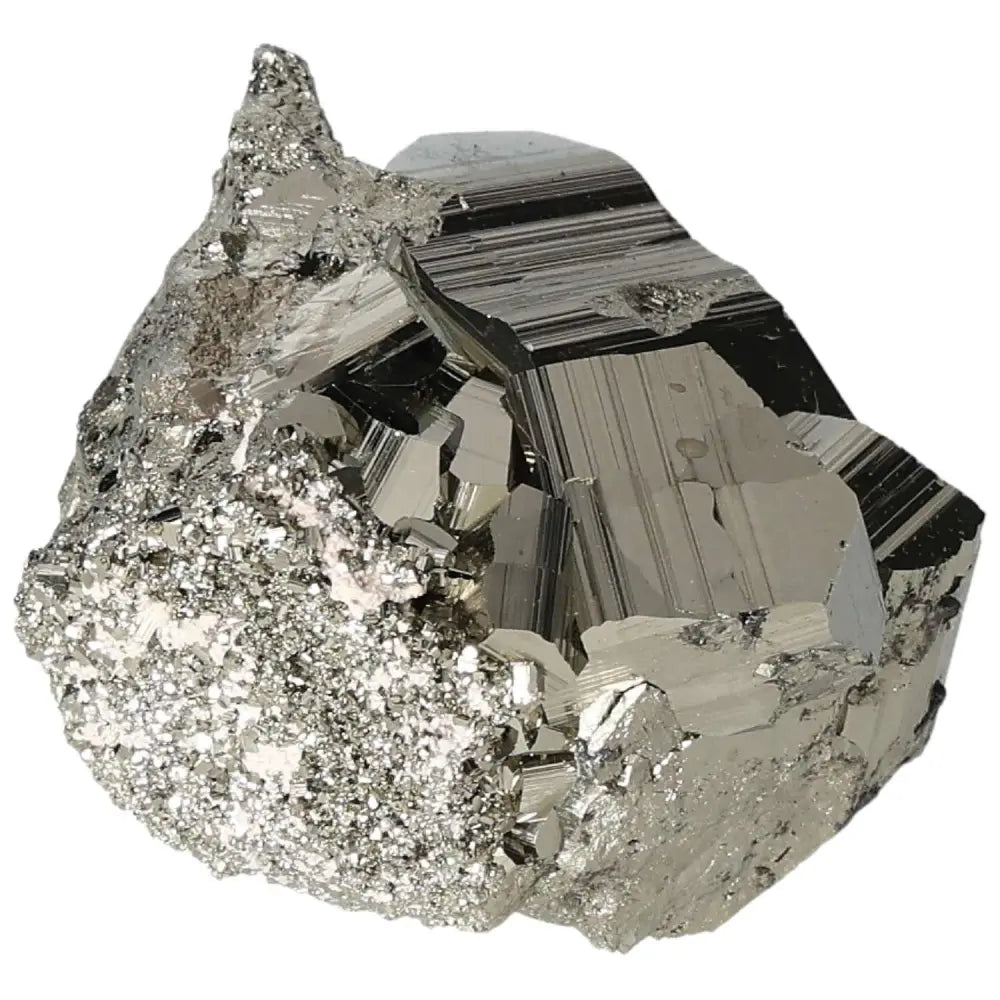Polished pyrite cube with golden luster, highlighting its radiant energy and grounding power in geometric form.