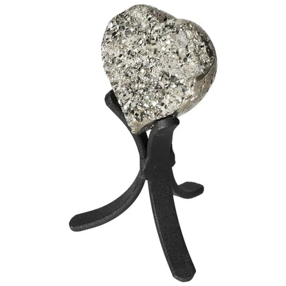 Polished pyrite heart on stand, showcasing its golden luster and grounding energy, perfect for elevating your space.