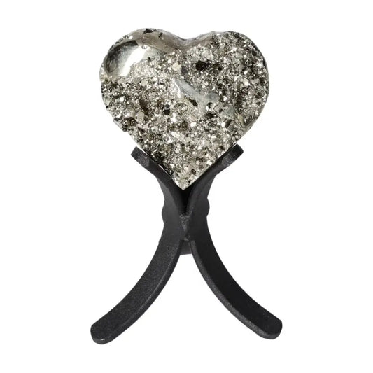 Polished pyrite heart on stand, showcasing radiant golden luster and grounding energy for home decor.