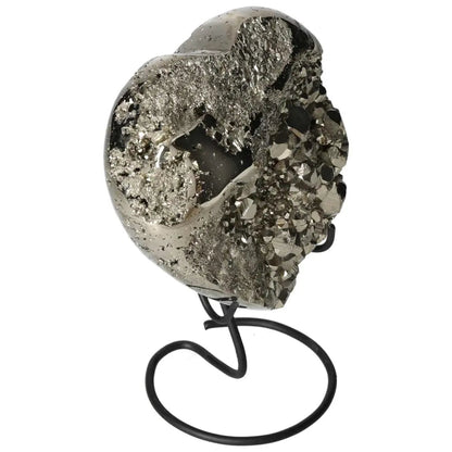Polished heart-shaped pyrite on stand, showcasing its golden luster and natural crystalline texture, perfect for home decor.