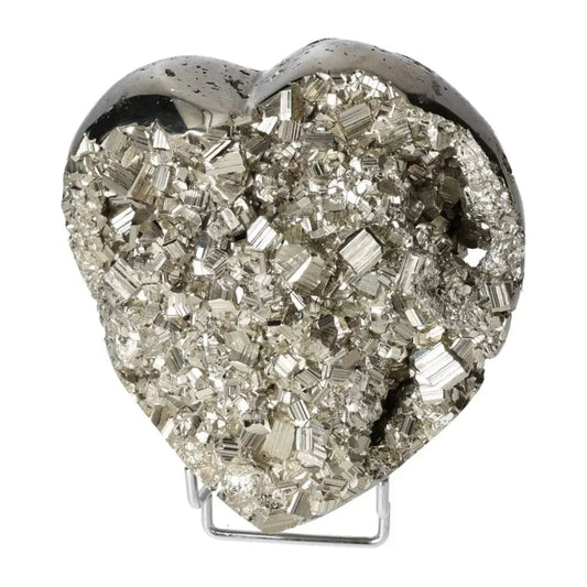 Polished pyrite heart shape with golden luster, showcasing the stone's radiant energy and grounding power, on a white background.